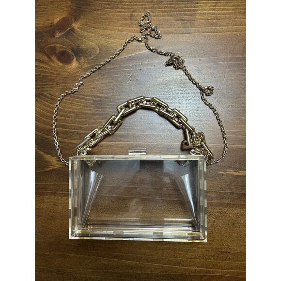 Clear Lucite Box Purse Adjustable Goldstone Straps For Shoulder Or Hand Carry - Picture 1 of 5